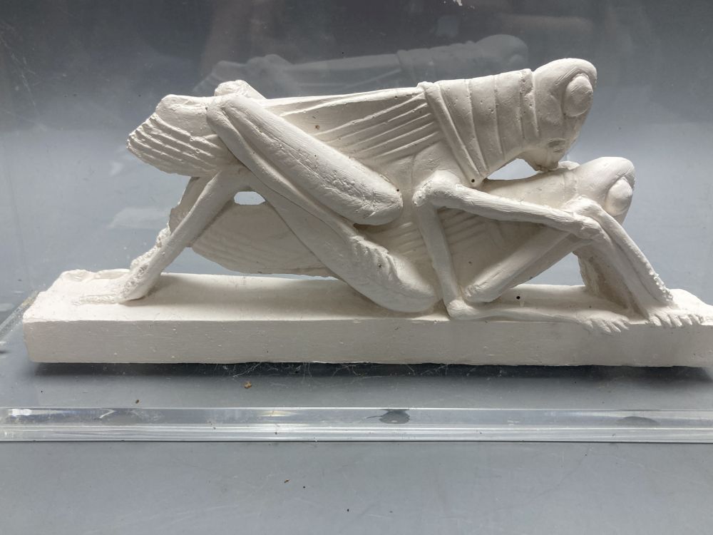 Edouardo Paolozzi (1924-2005), a plaster group, Grasshoppers, length 26cm excl. perspex case